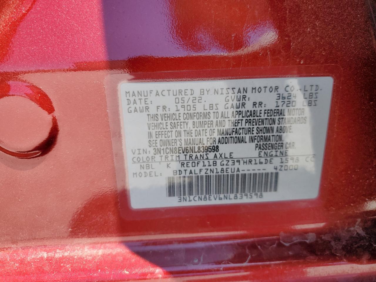 2022 Nissan Versa Sv VIN: 3N1CN8EV6NL839598 Lot: 61655024