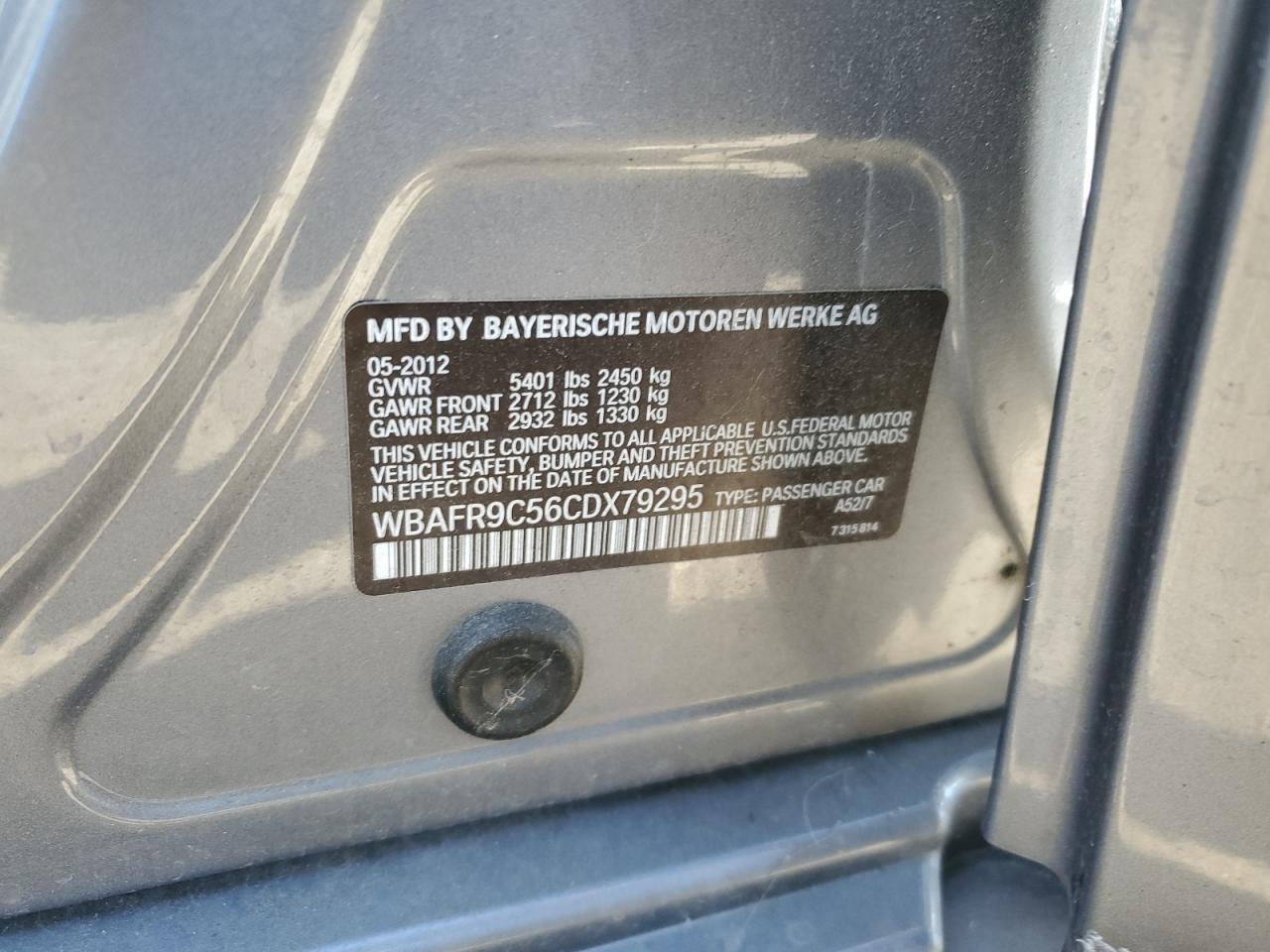 2012 BMW 550 I VIN: WBAFR9C56CDX79295 Lot: 63999574