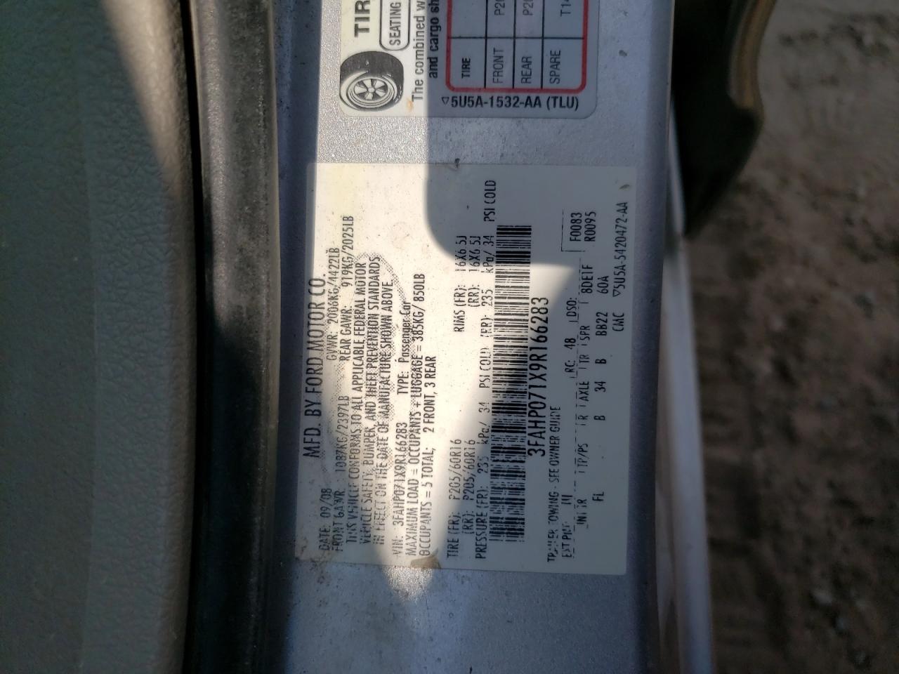 2009 Ford Fusion Se VIN: 3FAHP071X9R166283 Lot: 63192864