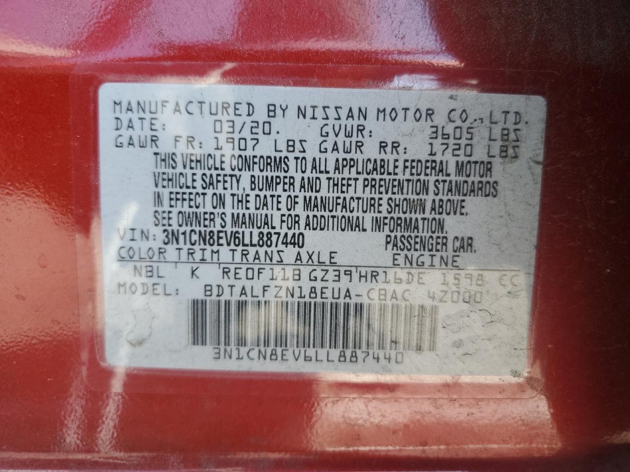 3N1CN8EV6LL887440 2020 Nissan Versa Sv