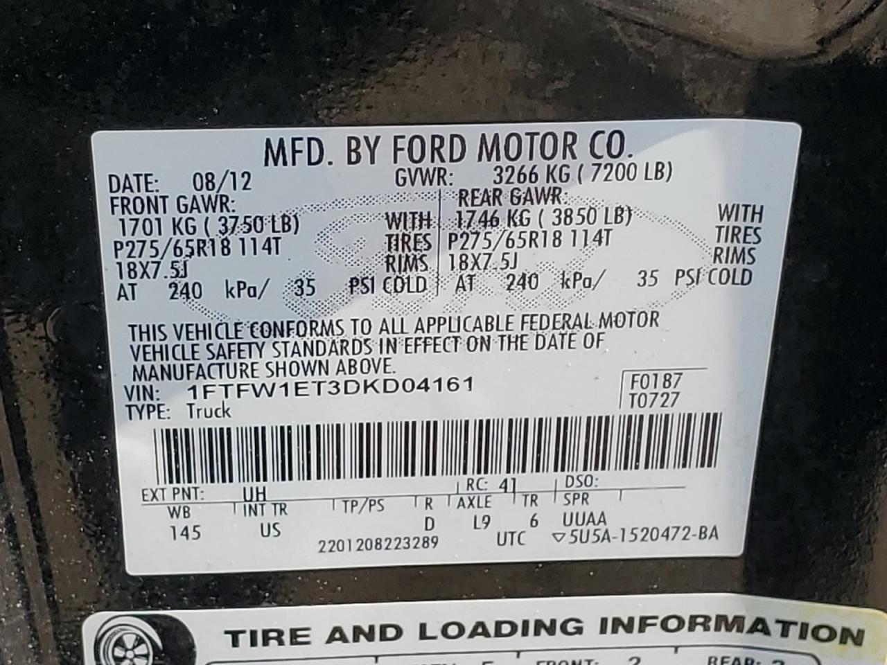 2013 Ford F150 Supercrew VIN: 1FTFW1ET3DKD04161 Lot: 61297304