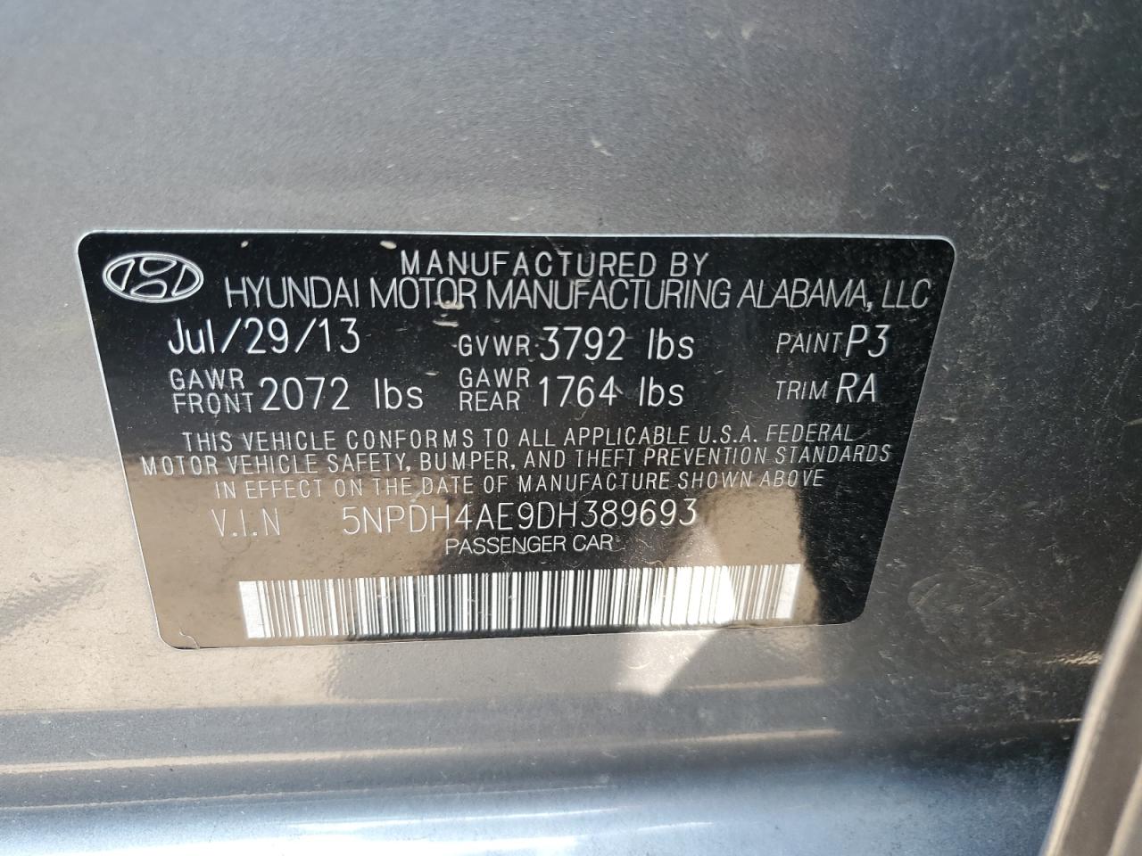 2013 Hyundai Elantra Gls VIN: 5NPDH4AE9DH389693 Lot: 64433544