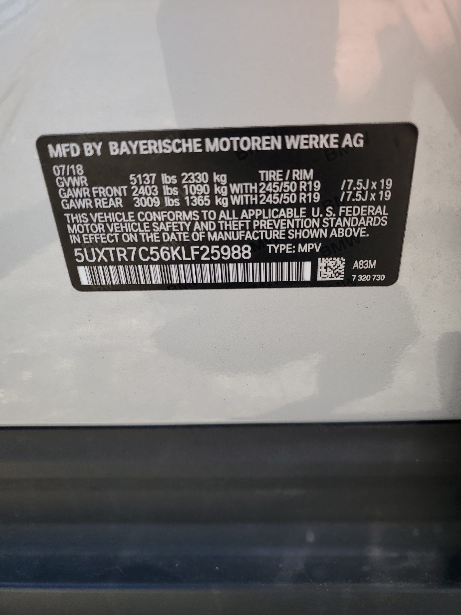 5UXTR7C56KLF25988 2019 BMW X3 Sdrive30I