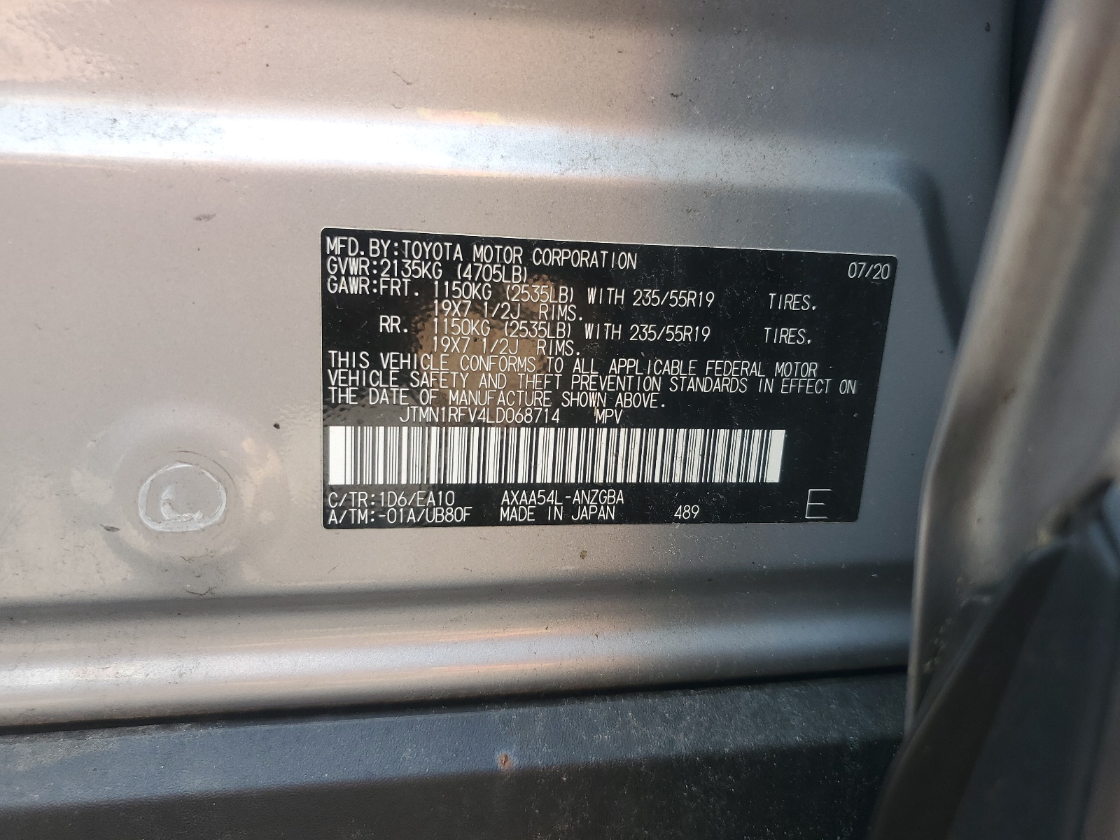 JTMN1RFV4LD068714 2020 Toyota Rav4 Limited