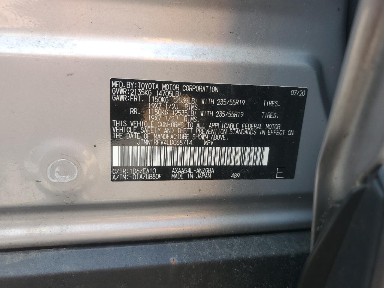 2020 Toyota Rav4 Limited VIN: JTMN1RFV4LD068714 Lot: 64804934