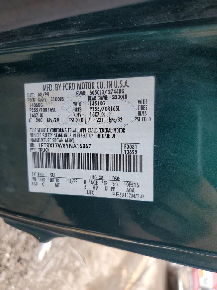 2000 Ford F150 VIN: 1FTRX17W8YNA16867 Lot: 61685054