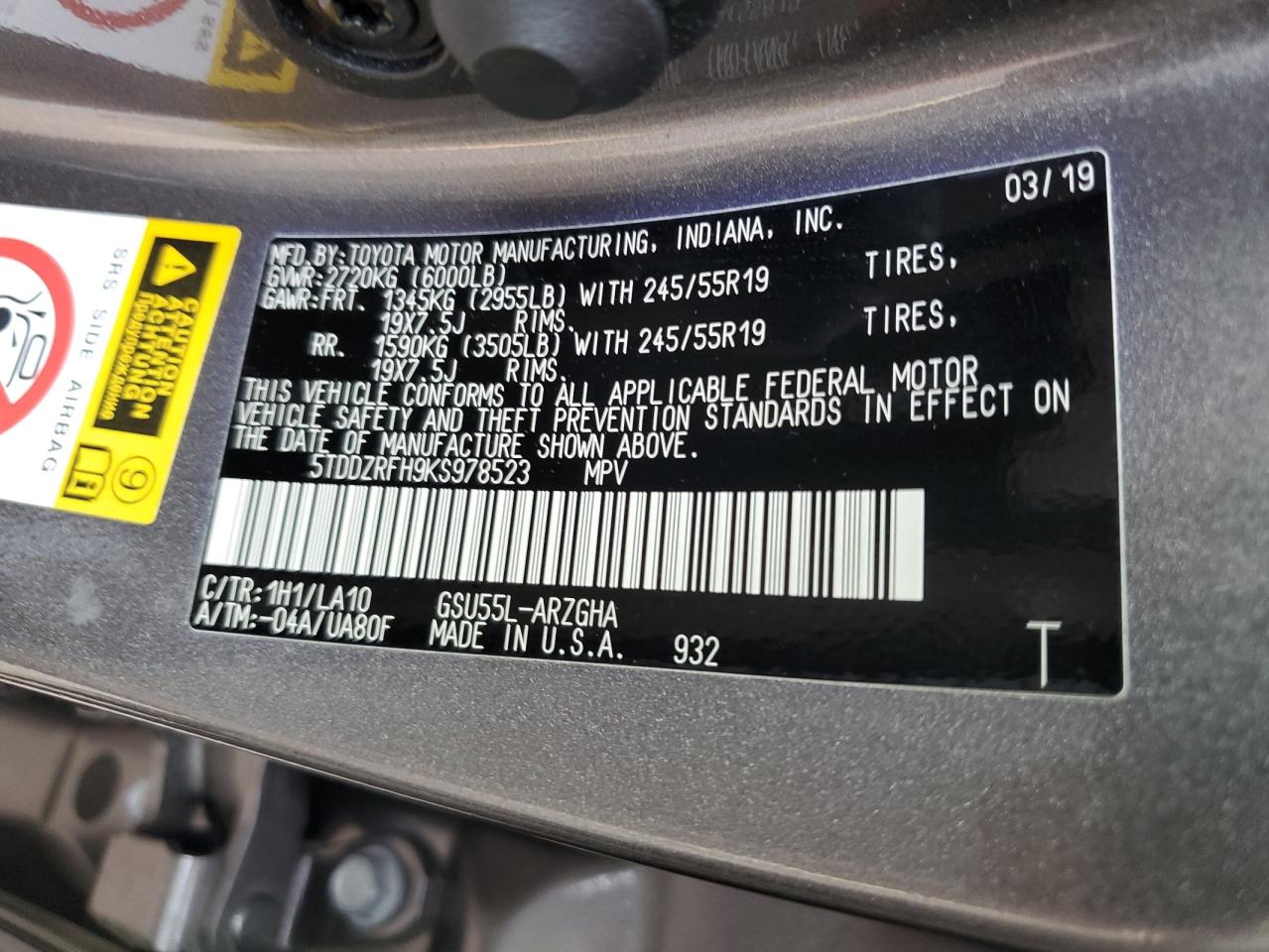 2019 Toyota Highlander Limited VIN: 5TDDZRFH9KS978523 Lot: 64624724