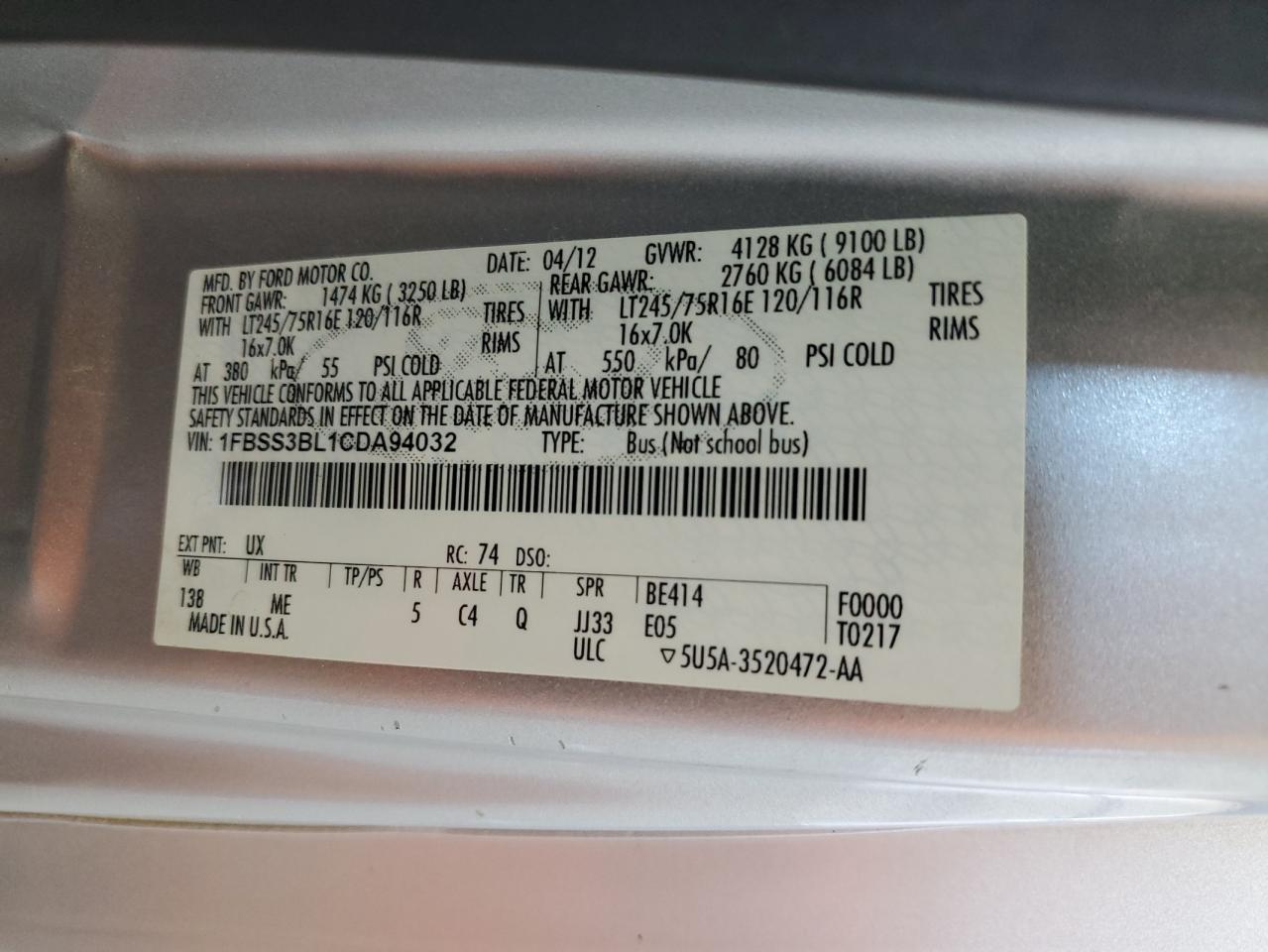 2012 Ford Econoline E350 Super Duty Wagon VIN: 1FBSS3BL1CDA94032 Lot: 63708564