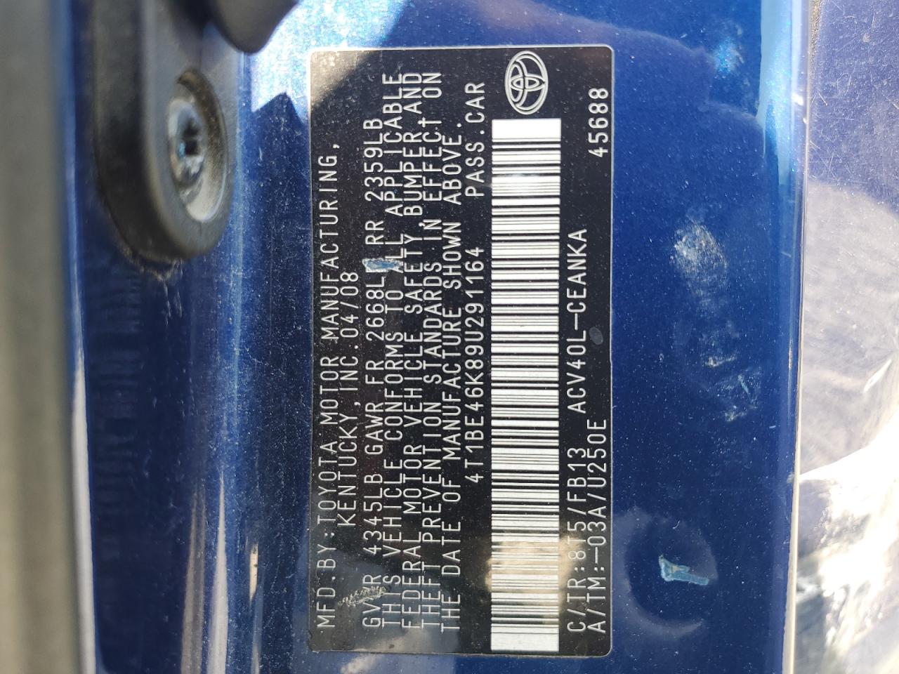 2009 Toyota Camry Base VIN: 4T1BE46K89U291164 Lot: 63061224