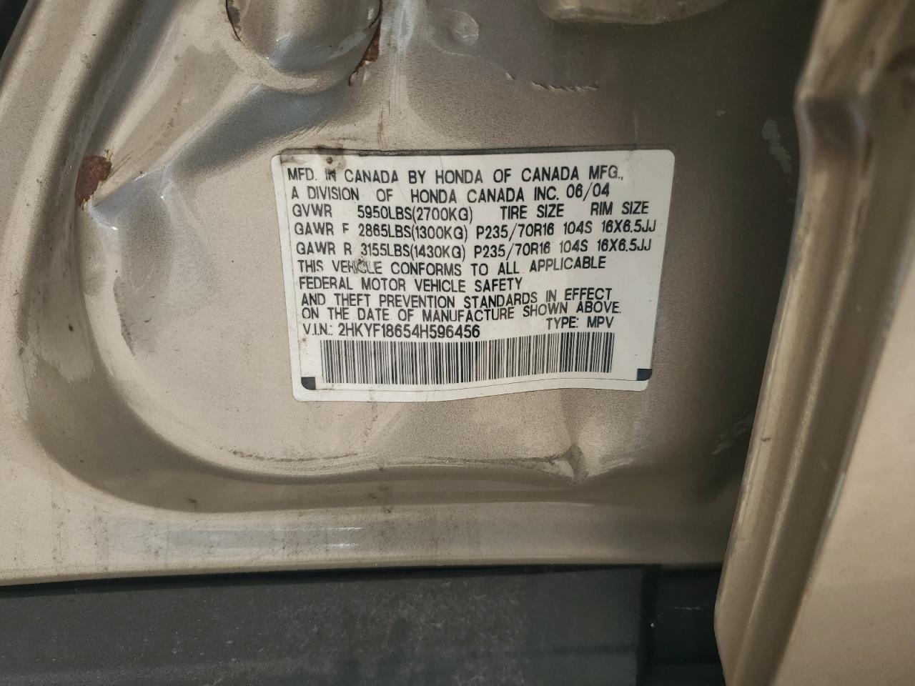 2004 Honda Pilot Exl VIN: 2HKYF18654H596456 Lot: 62866074