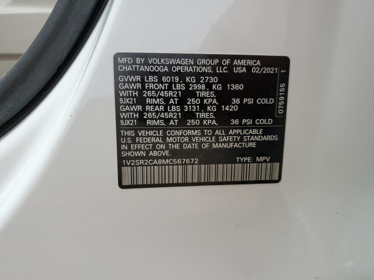 2021 Volkswagen Atlas Sel R-Line VIN: 1V2SR2CA8MC567672 Lot: 64654464