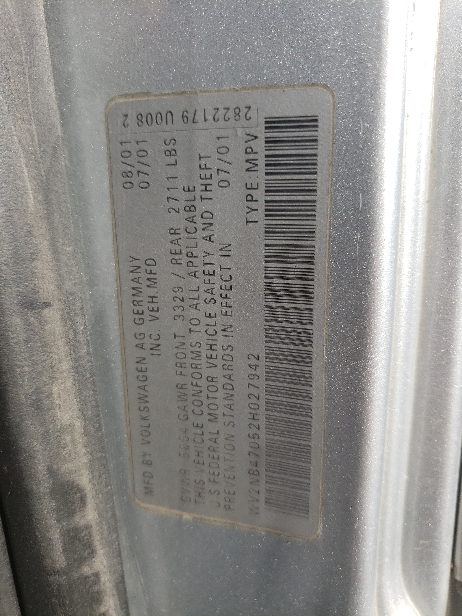 WV2NB47052H027942 2002 Volkswagen Eurovan Mv