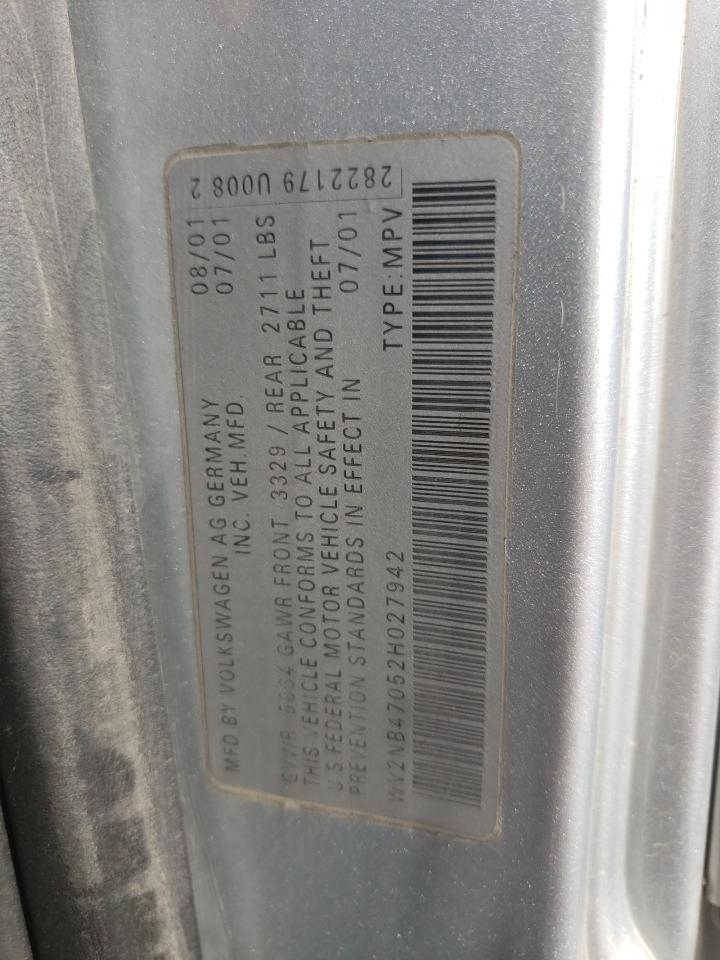 2002 Volkswagen Eurovan Mv VIN: WV2NB47052H027942 Lot: 63958414