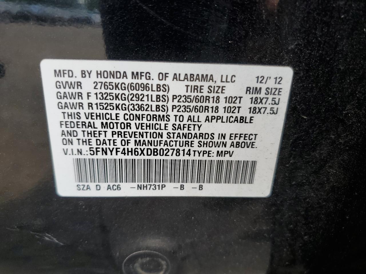 2013 Honda Pilot Exl VIN: 5FNYF4H6XDB027814 Lot: 63990814