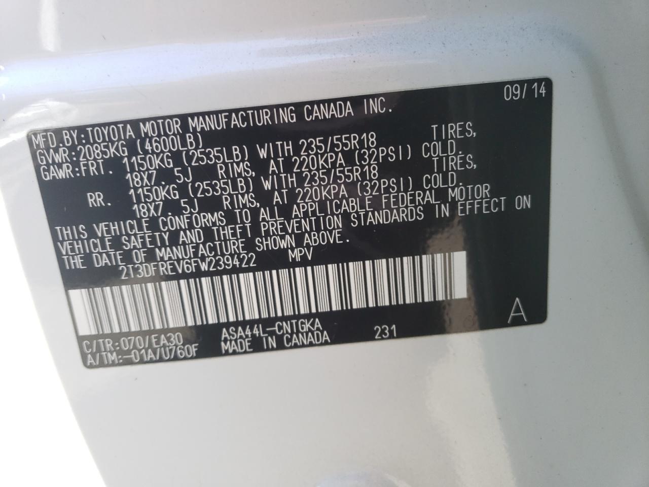 2015 Toyota Rav4 Limited VIN: 2T3DFREV6FW239422 Lot: 63561514