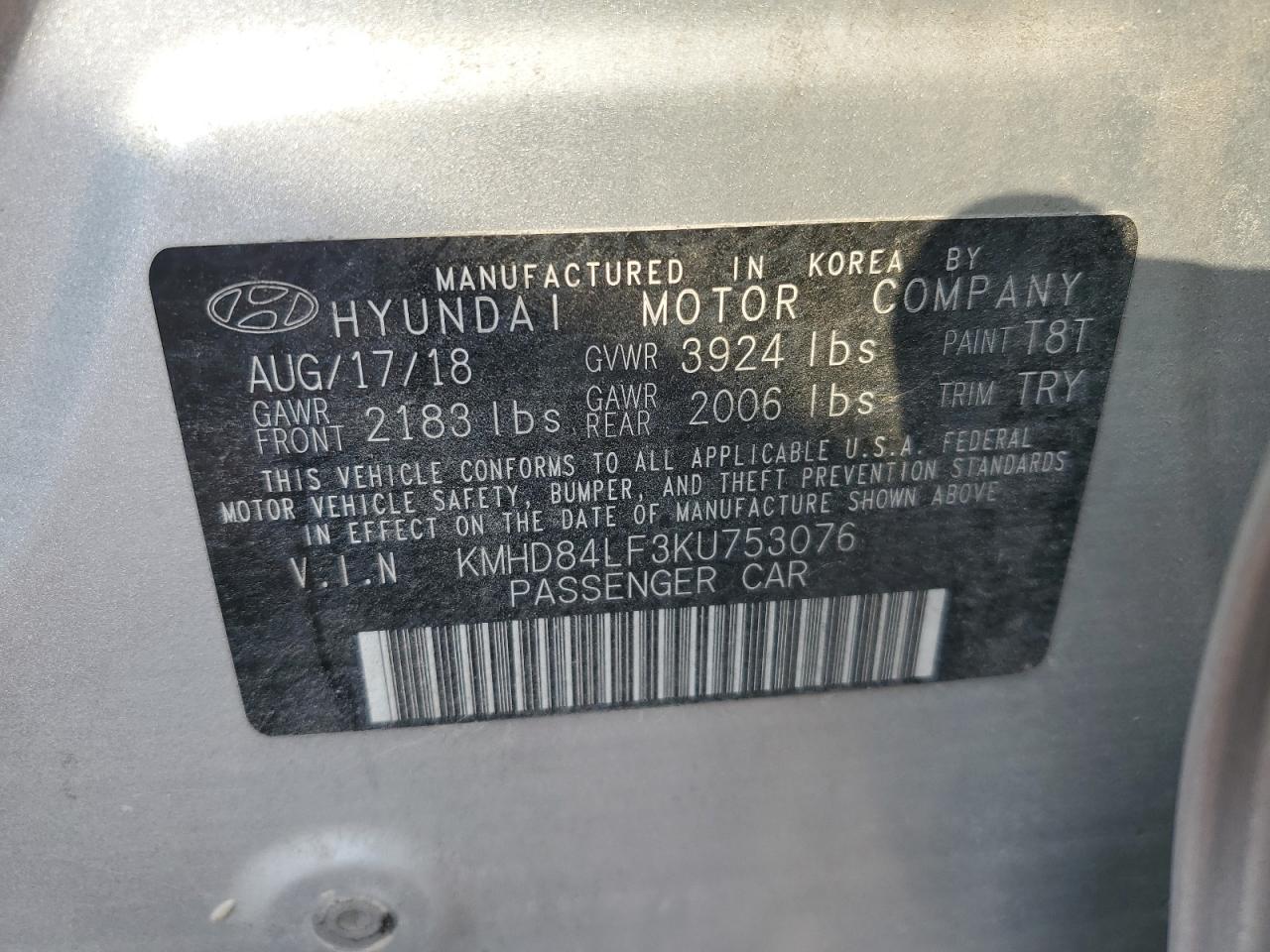 2019 Hyundai Elantra Sel VIN: KMHD84LF3KU753076 Lot: 64584824