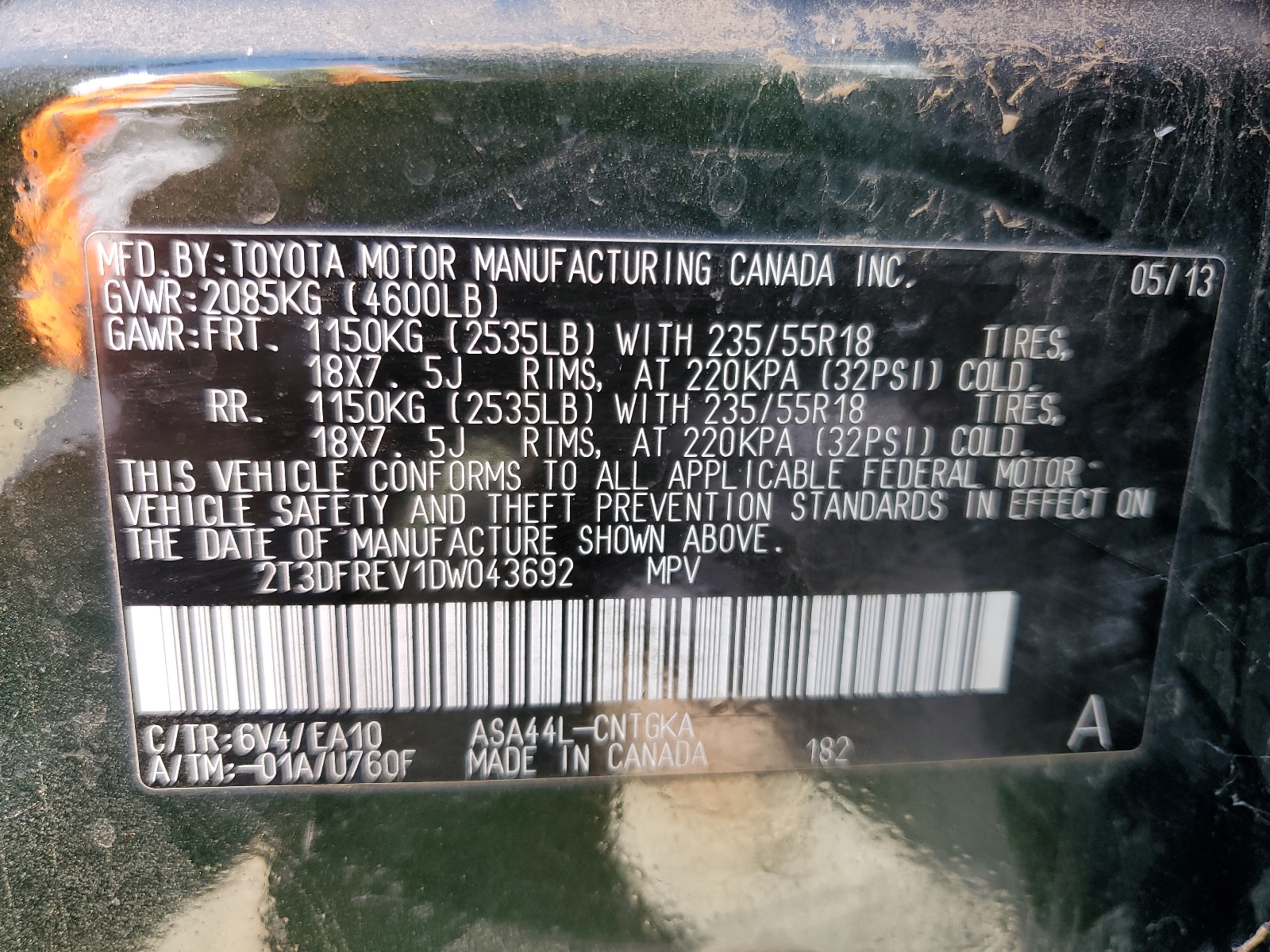 2T3DFREV1DW043692 2013 Toyota Rav4 Limited