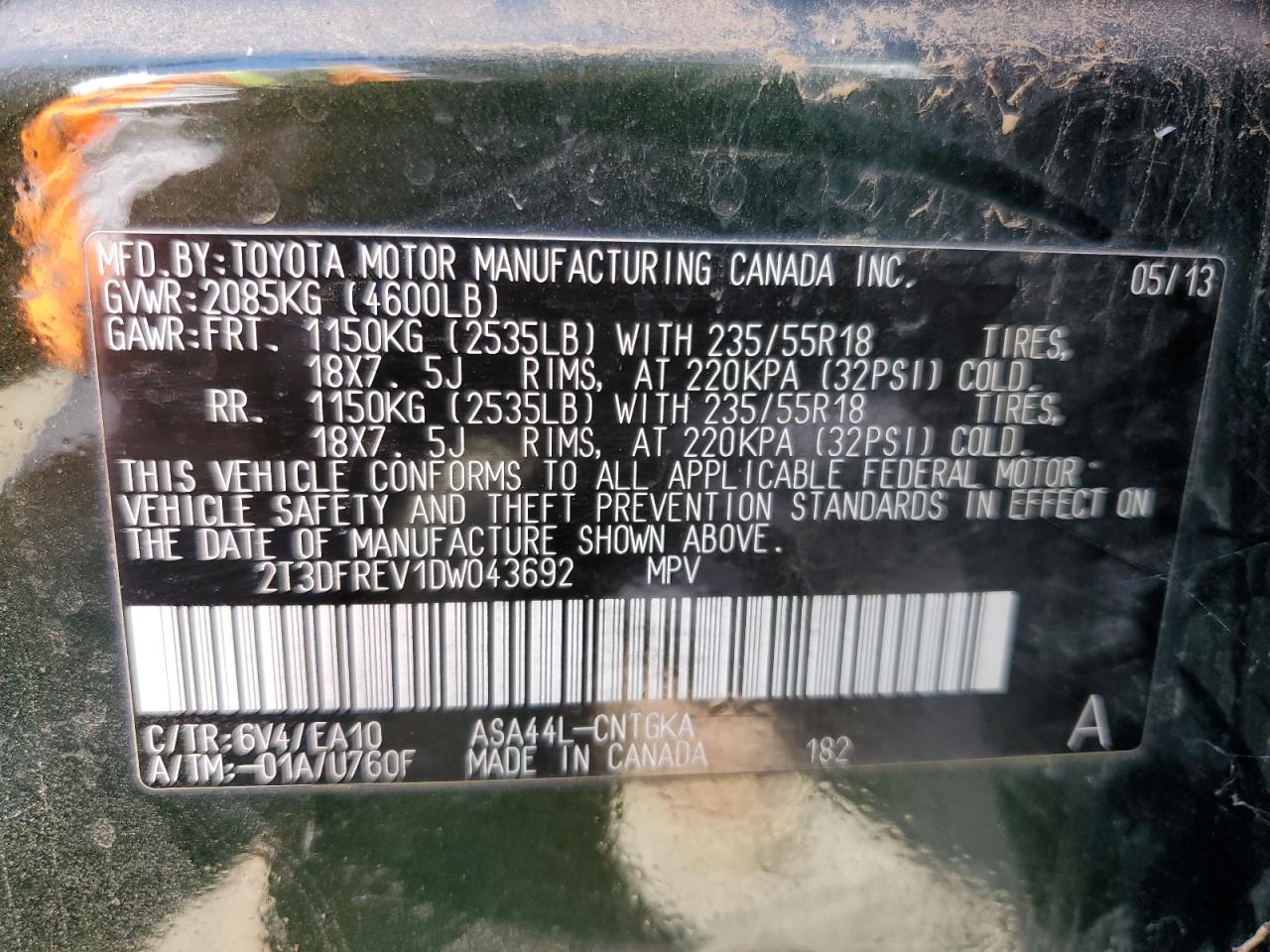 2013 Toyota Rav4 Limited VIN: 2T3DFREV1DW043692 Lot: 63710414