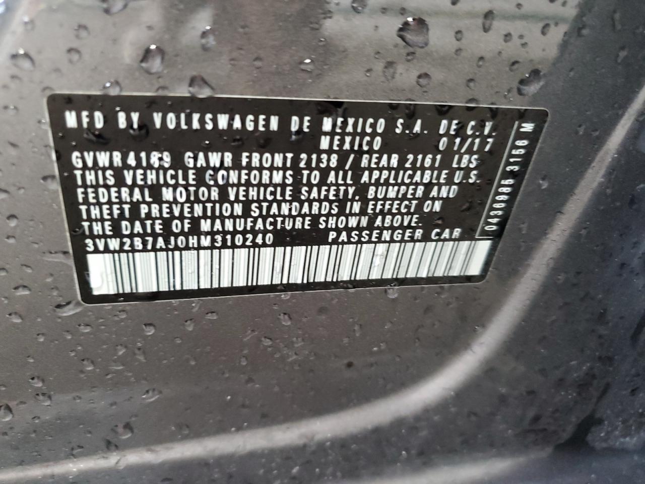 2017 Volkswagen Jetta S VIN: 3VW2B7AJ0HM310240 Lot: 65065644