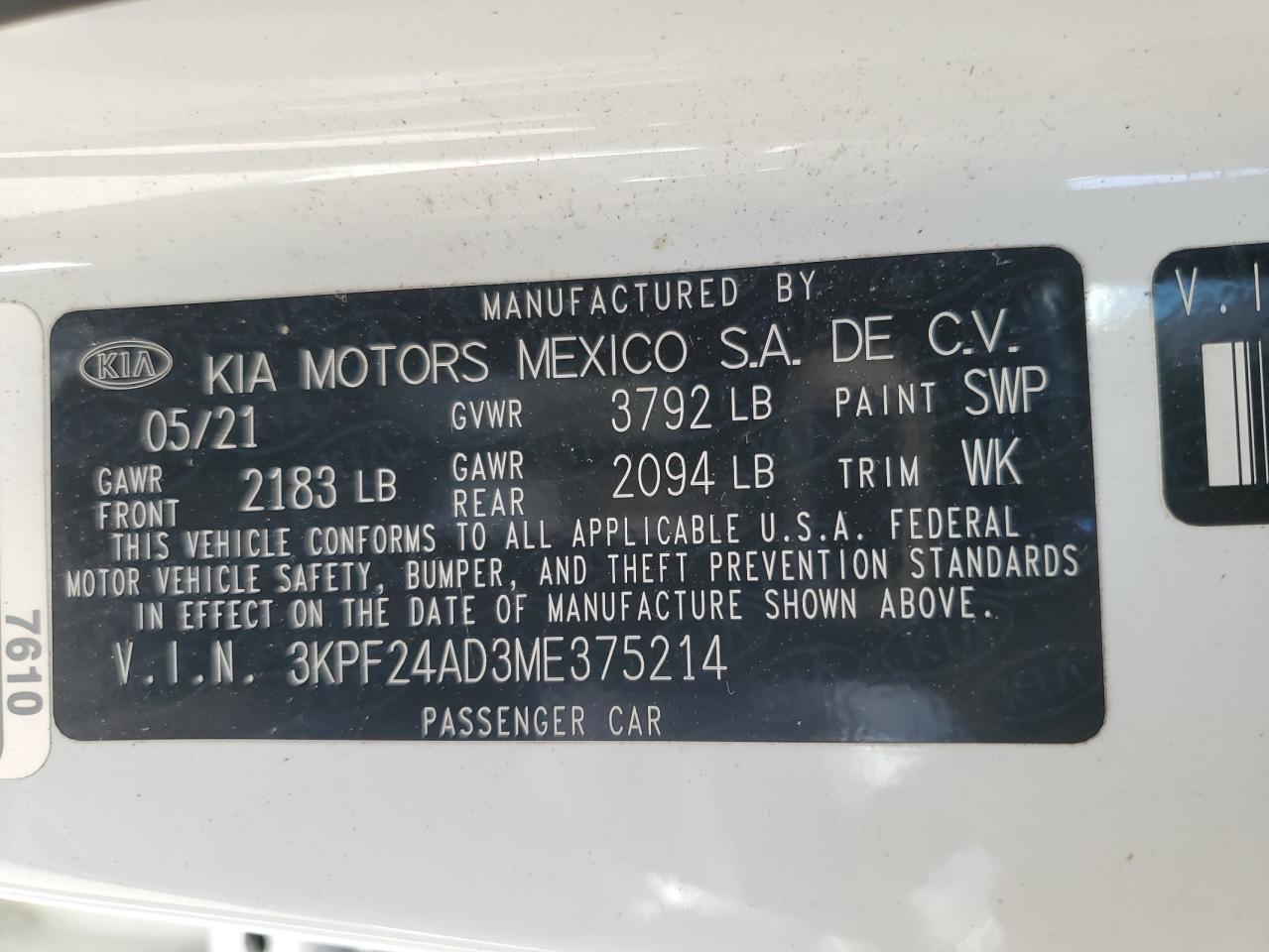 2021 Kia Forte Fe VIN: 3KPF24AD3ME375214 Lot: 61603054