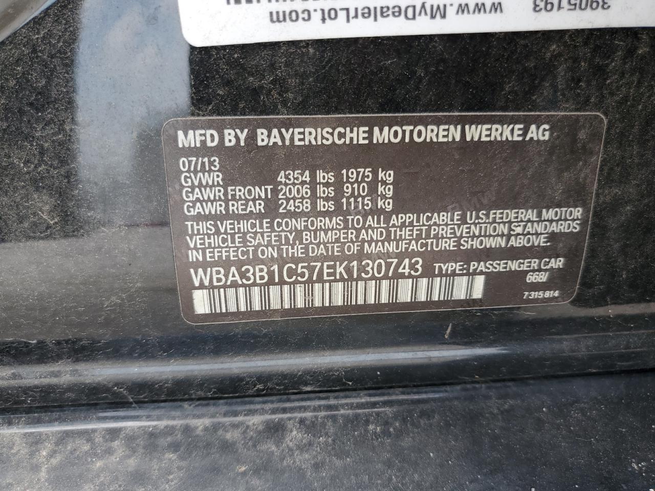 2014 BMW 320 I VIN: WBA3B1C57EK130743 Lot: 62061484