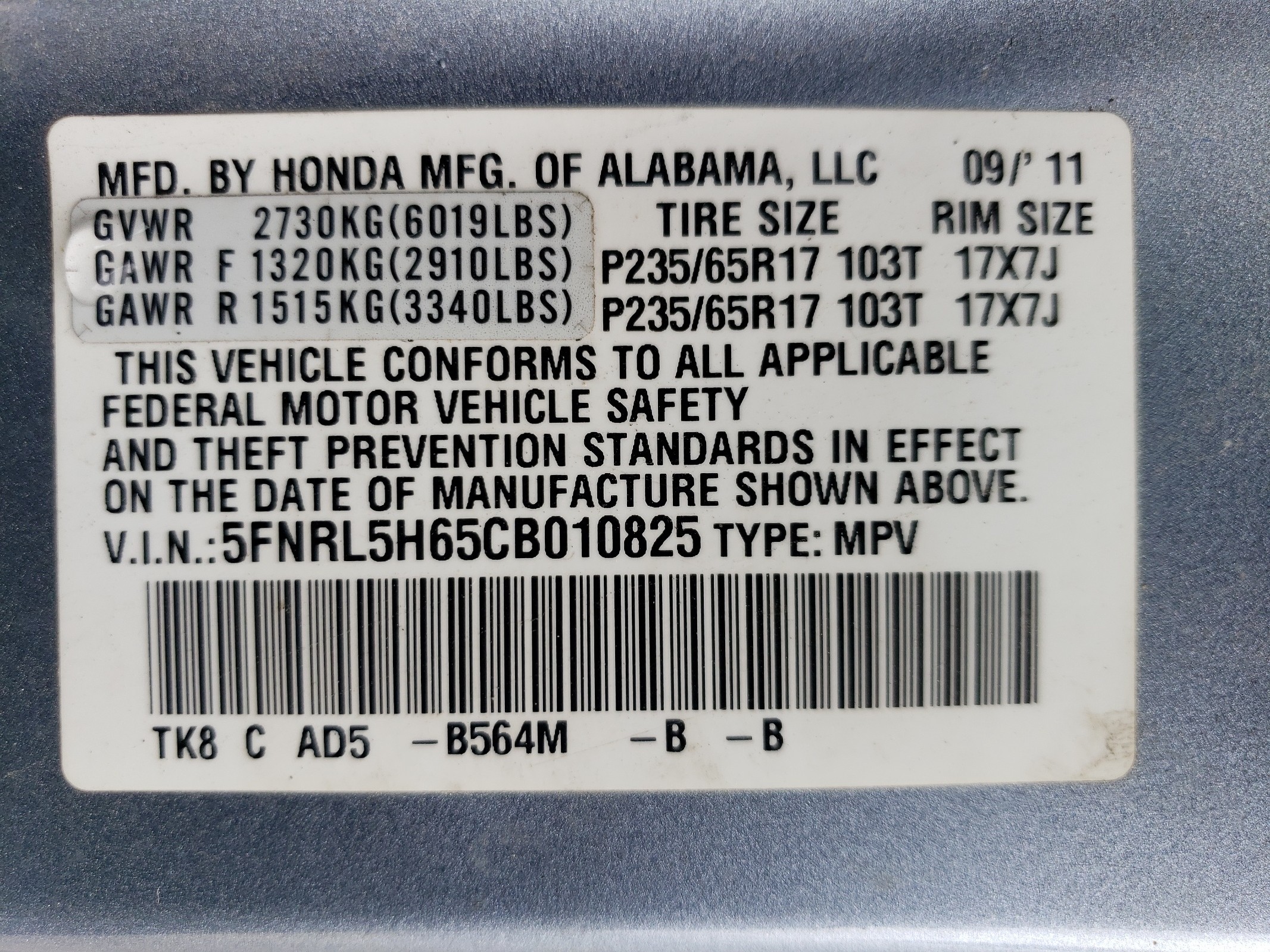 5FNRL5H65CB010825 2012 Honda Odyssey Exl