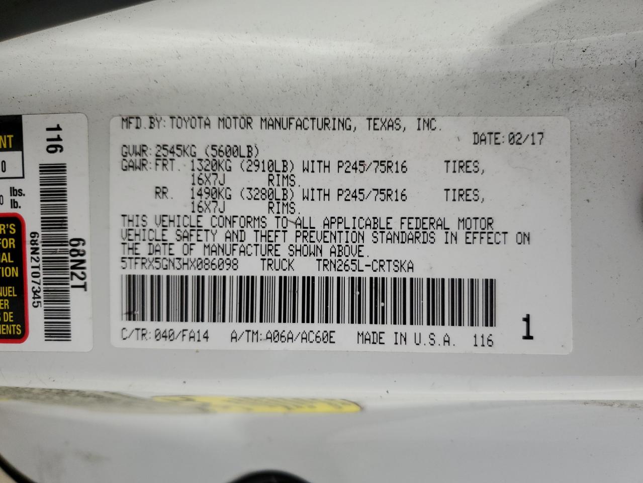 2017 Toyota Tacoma Access Cab VIN: 5TFRX5GN3HX086098 Lot: 64412884