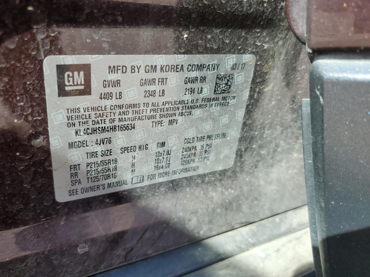 2017 Buick Encore Premium VIN: KL4CJHSM4HB165634 Lot: 65485154