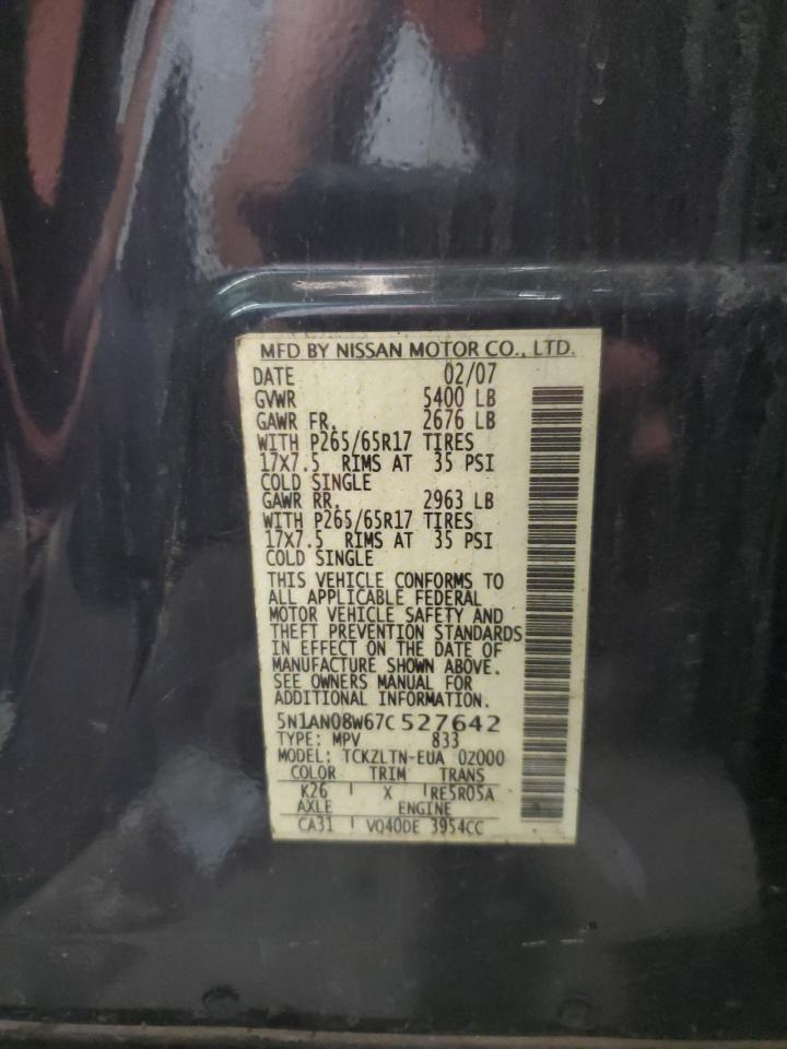 2007 Nissan Xterra Off Road VIN: 5N1AN08W67C527642 Lot: 63952664