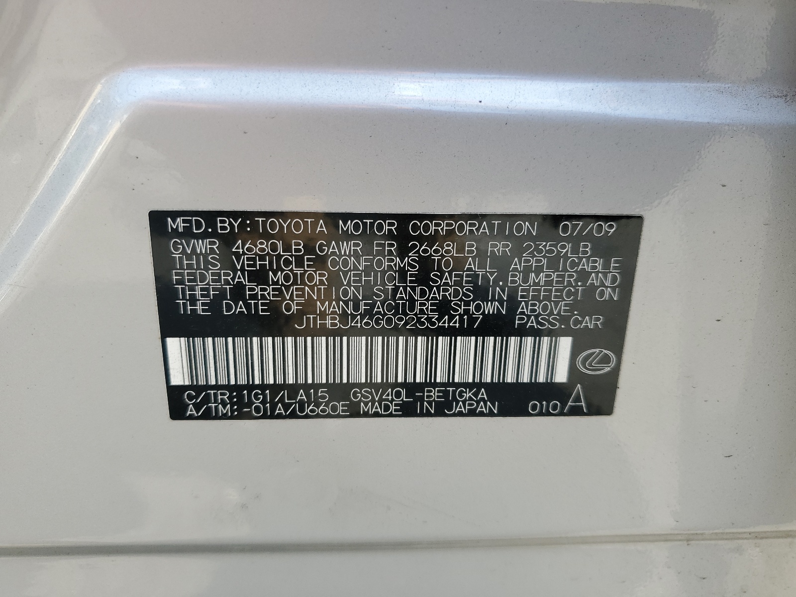 JTHBJ46G092334417 2009 Lexus Es 350