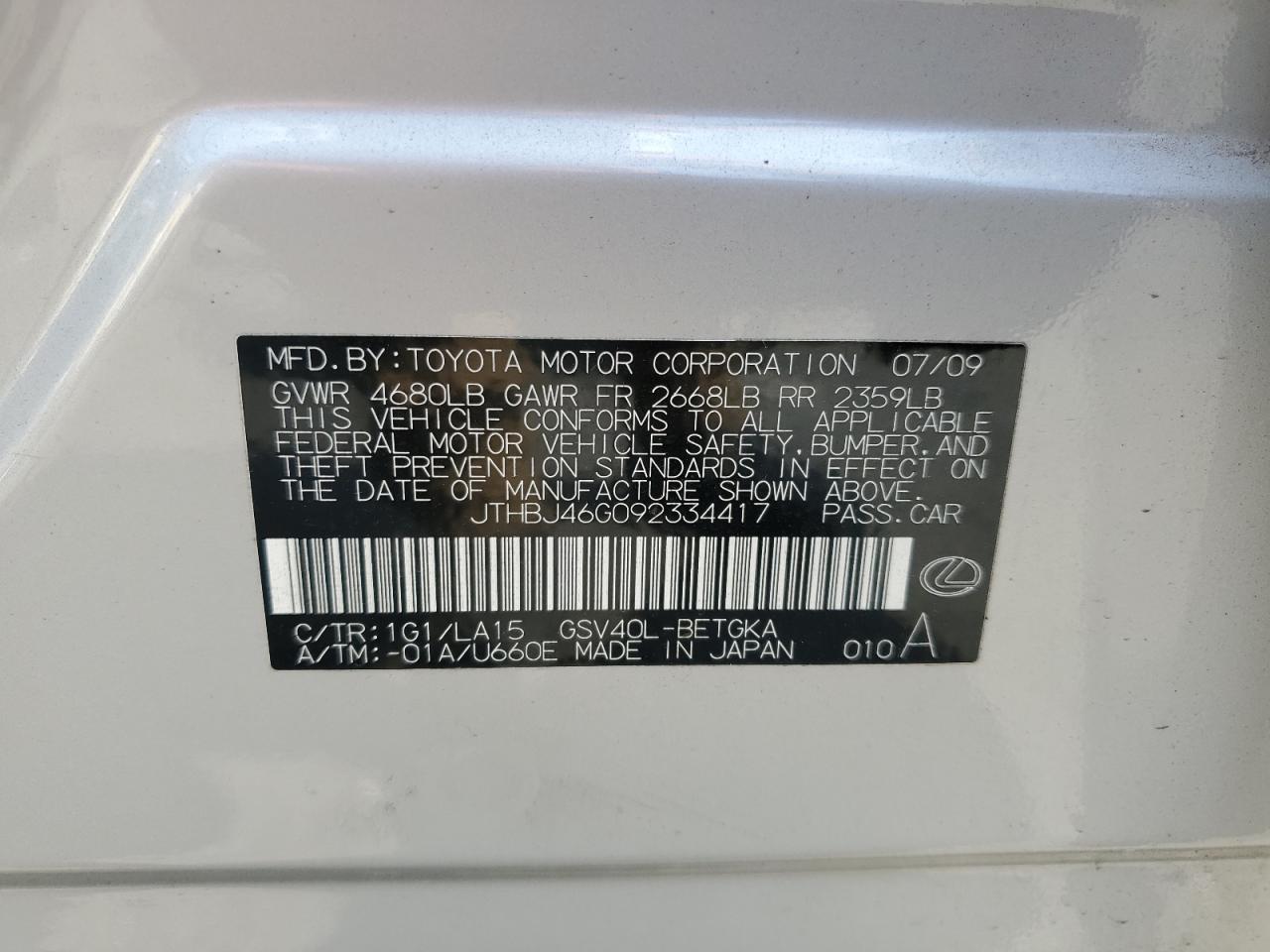 2009 Lexus Es 350 VIN: JTHBJ46G092334417 Lot: 65654084