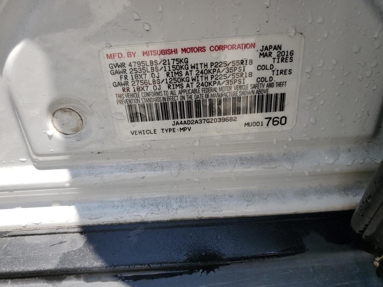 2016 Mitsubishi Outlander Es VIN: JA4AD2A37GZ039682 Lot: 62811664