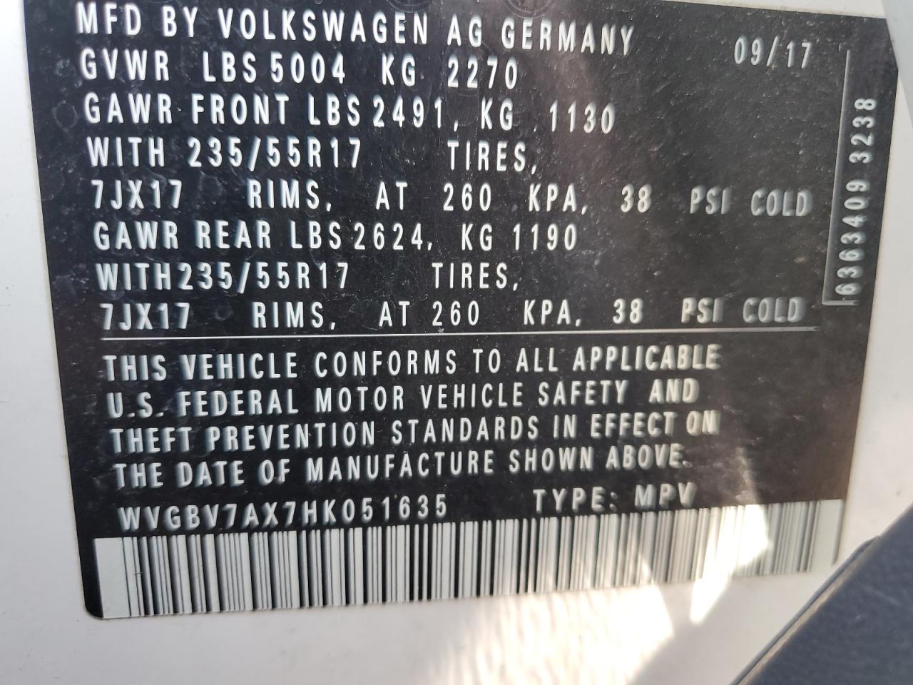 2017 Volkswagen Tiguan S VIN: WVGBV7AX7HK051635 Lot: 61986684