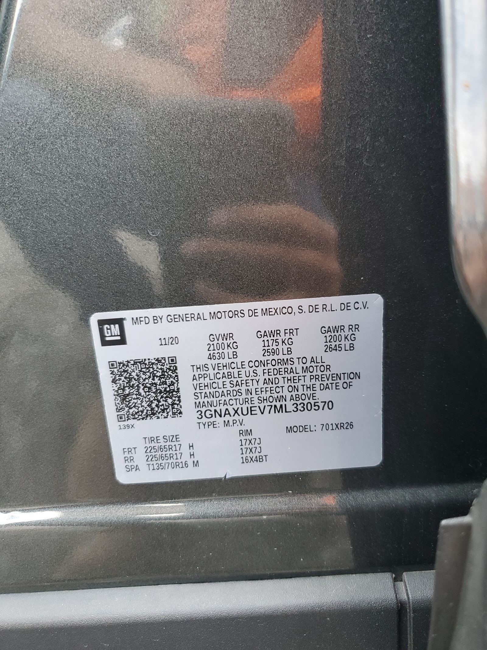 3GNAXUEV7ML330570 2021 Chevrolet Equinox Lt