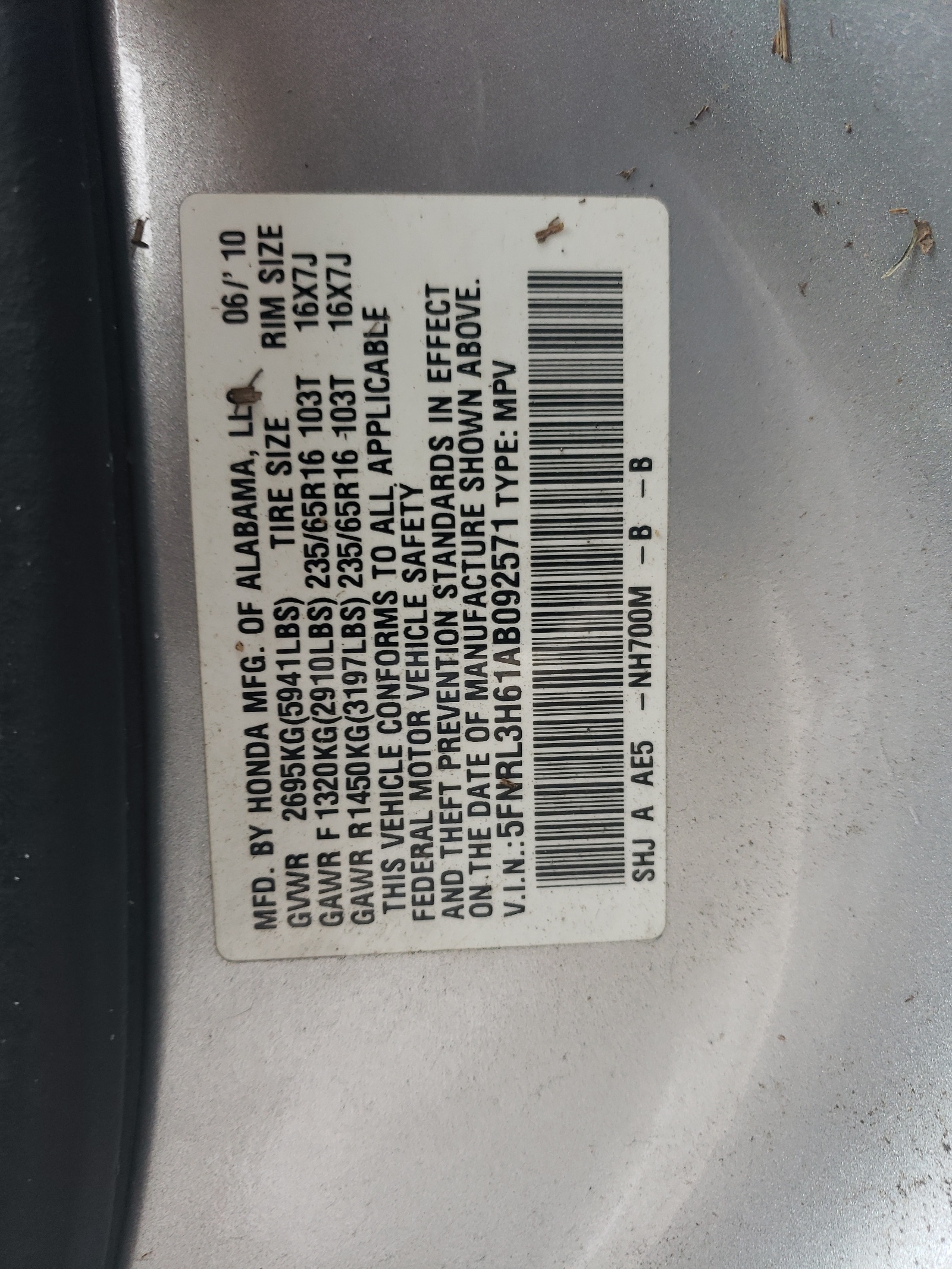 5FNRL3H61AB092571 2010 Honda Odyssey Exl