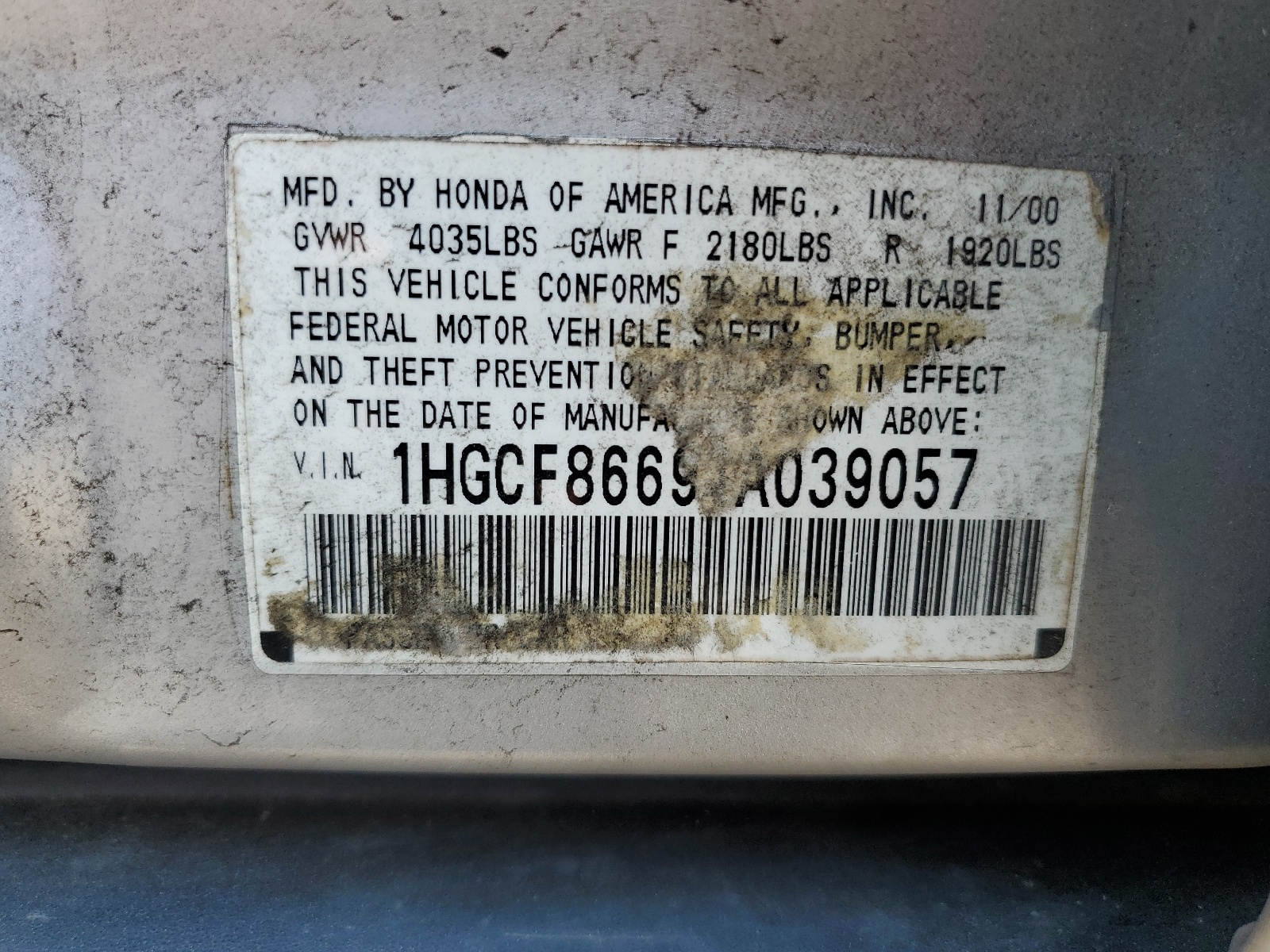 1HGCF86691A039057 2001 Honda Accord Value