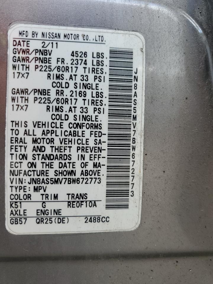 2011 Nissan Rogue S VIN: JN8AS5MV7BW672773 Lot: 63880944