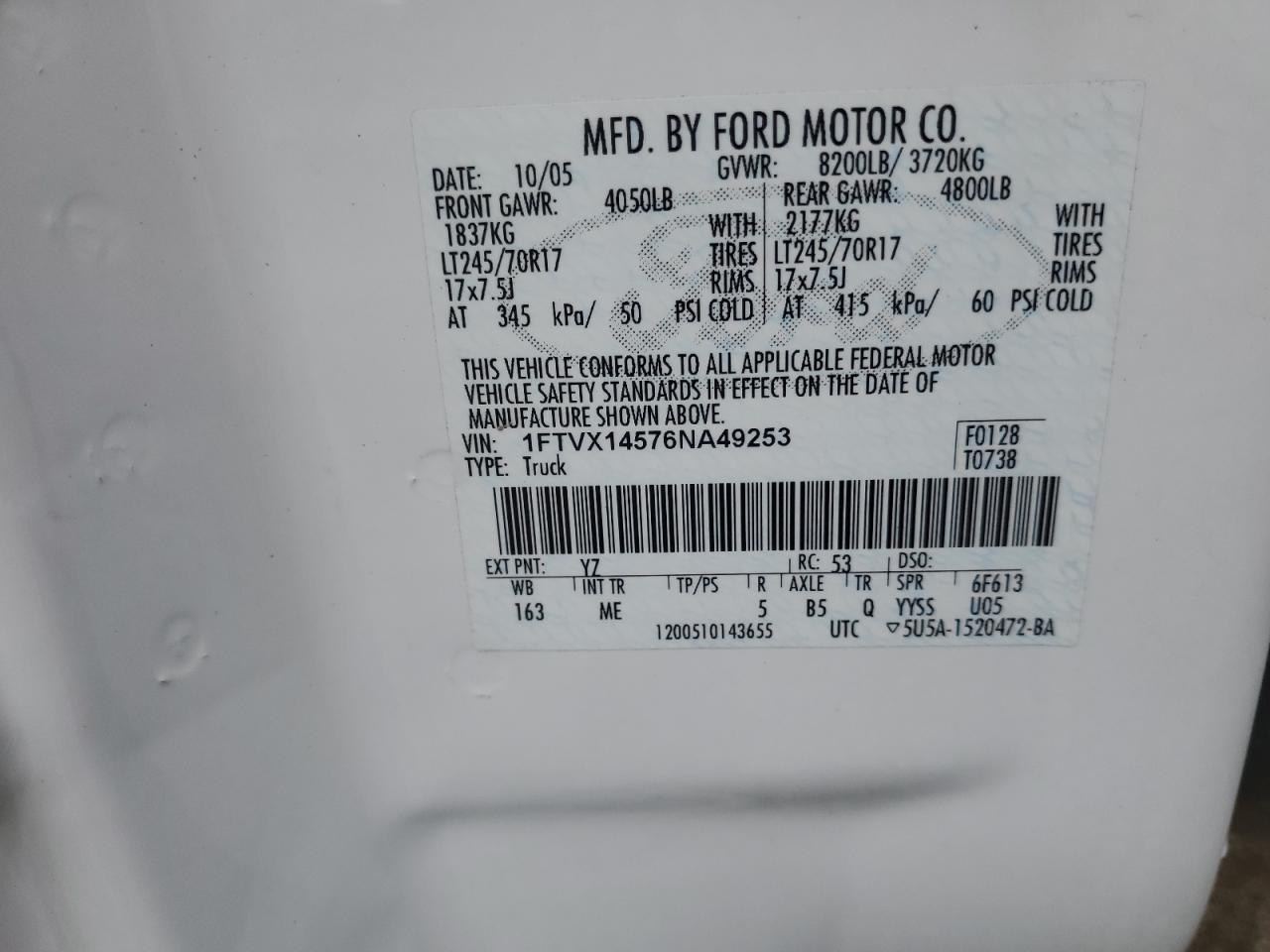 2006 Ford F150 VIN: 1FTVX14576NA49253 Lot: 62026684