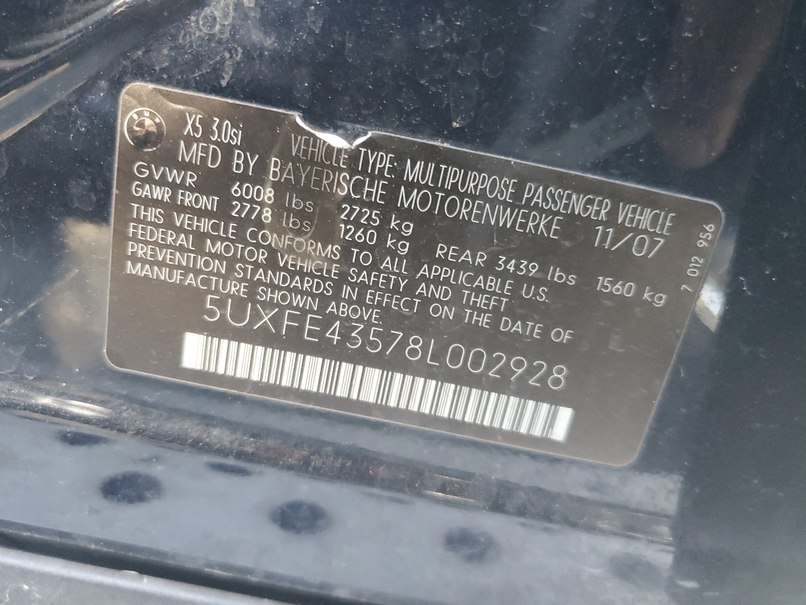 5UXFE43578L002928 2008 BMW X5 3.0I