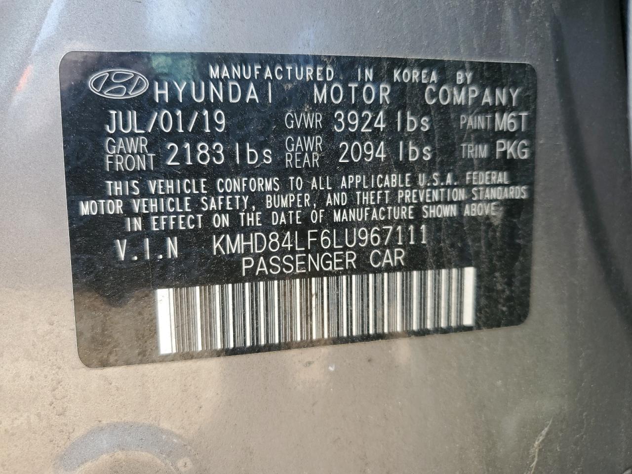 2020 Hyundai Elantra Sel VIN: KMHD84LF6LU967111 Lot: 63256014