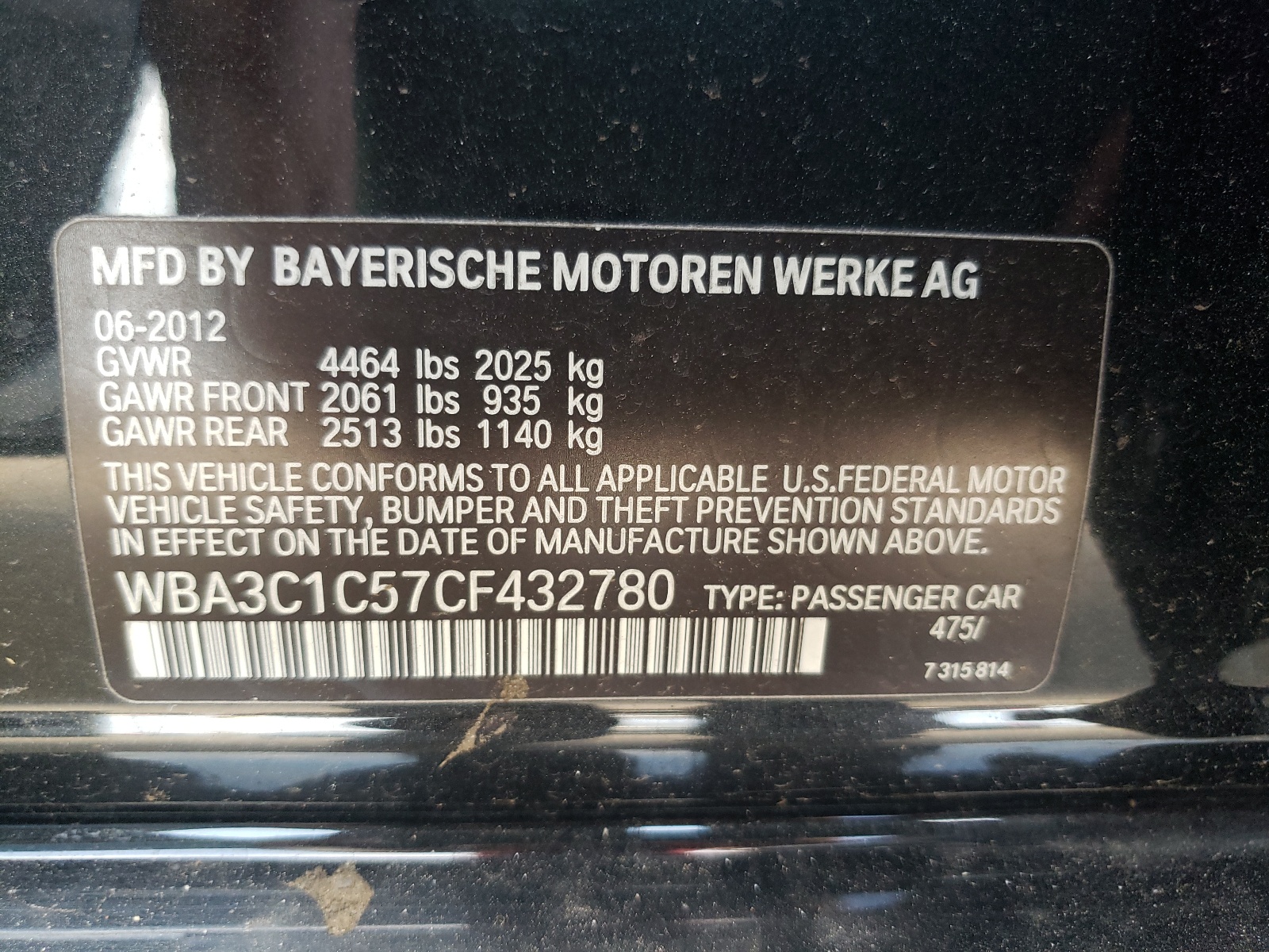 2012 BMW 328 I Sulev vin: WBA3C1C57CF432780