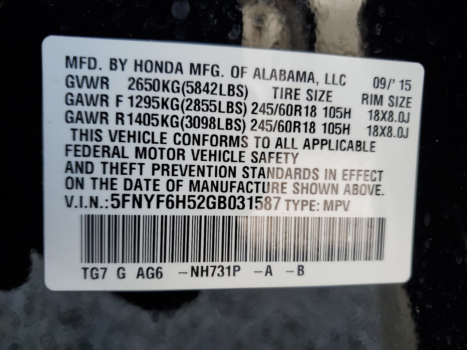 5FNYF6H52GB031587 2016 Honda Pilot Exl