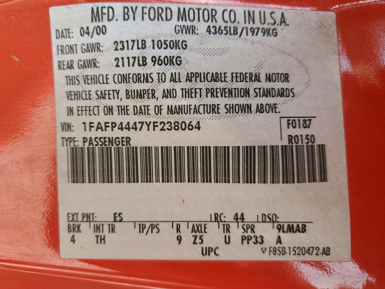 2000 Ford Mustang VIN: 1FAFP4447YF238064 Lot: 61443874
