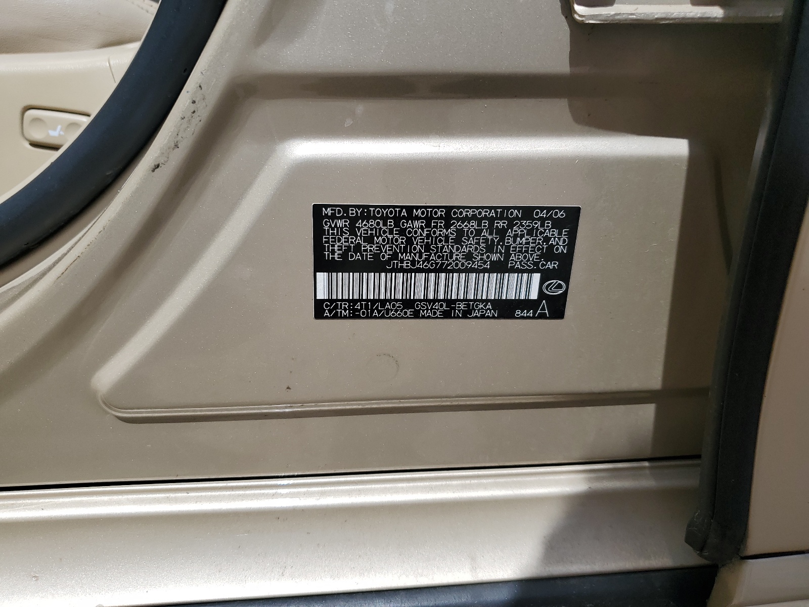 JTHBJ46G772009454 2007 Lexus Es 350