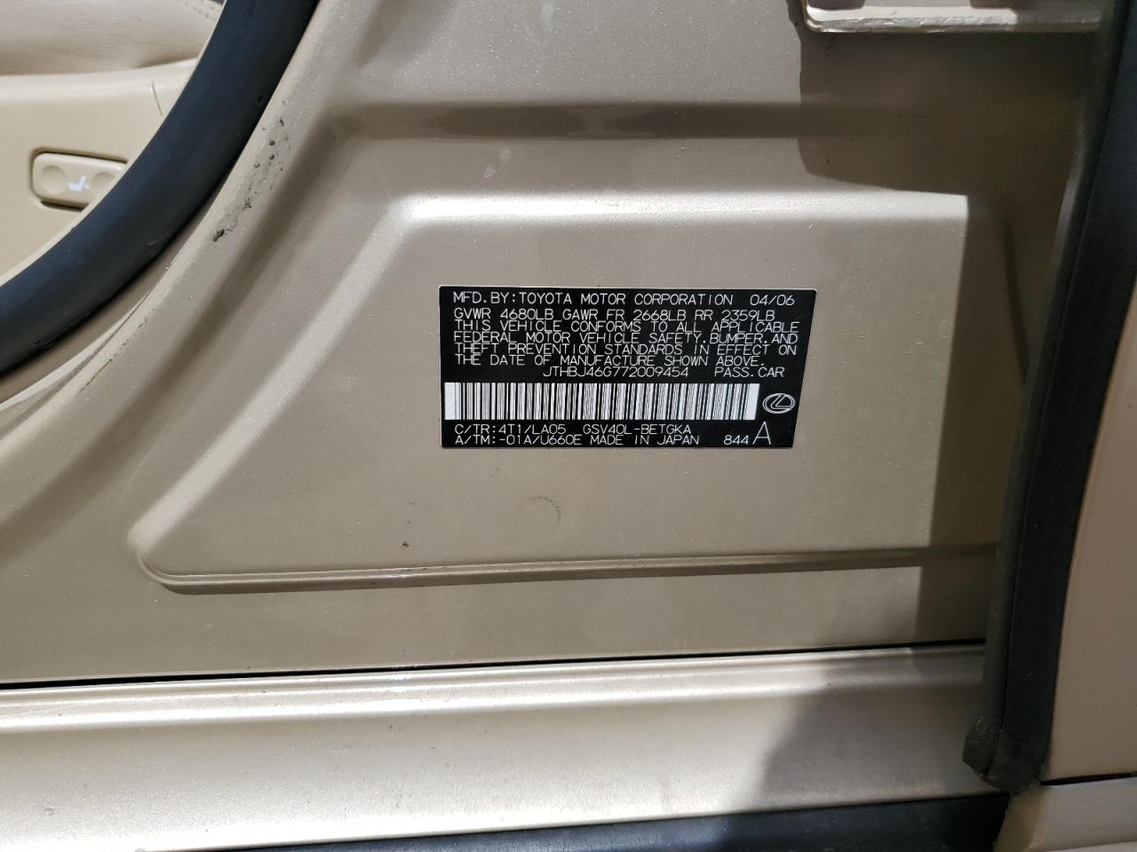 2007 Lexus Es 350 VIN: JTHBJ46G772009454 Lot: 63127554