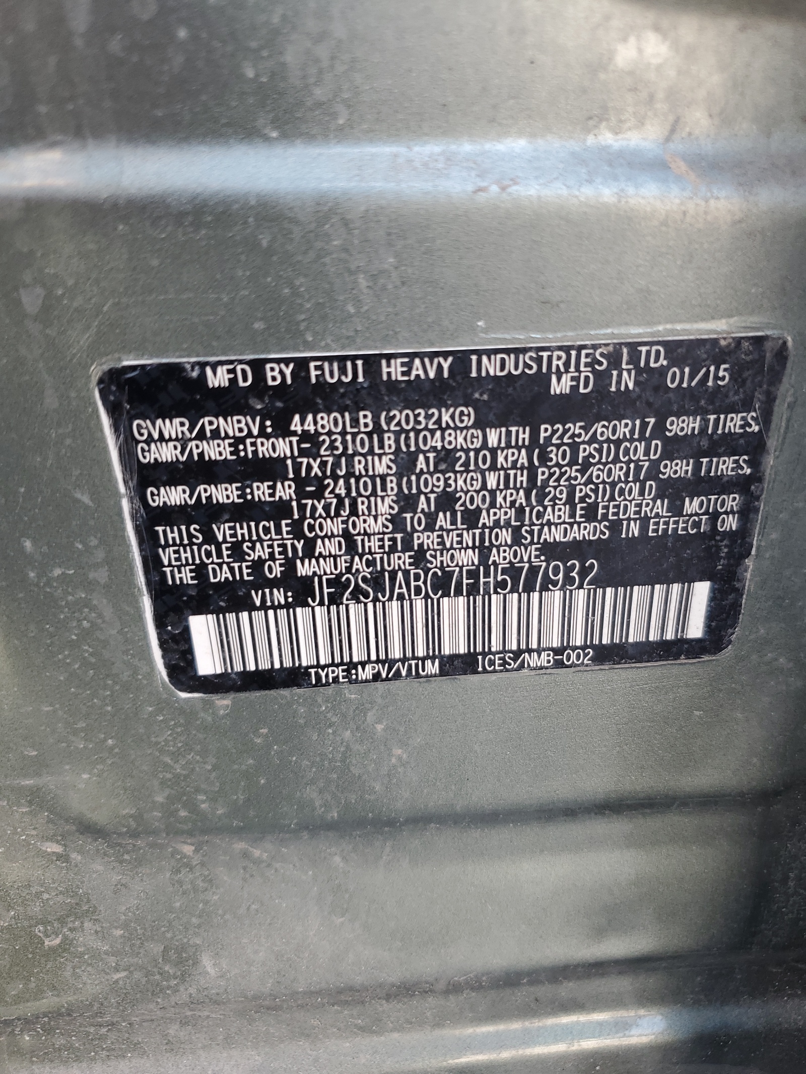 JF2SJABC7FH577932 2015 Subaru Forester 2.5I