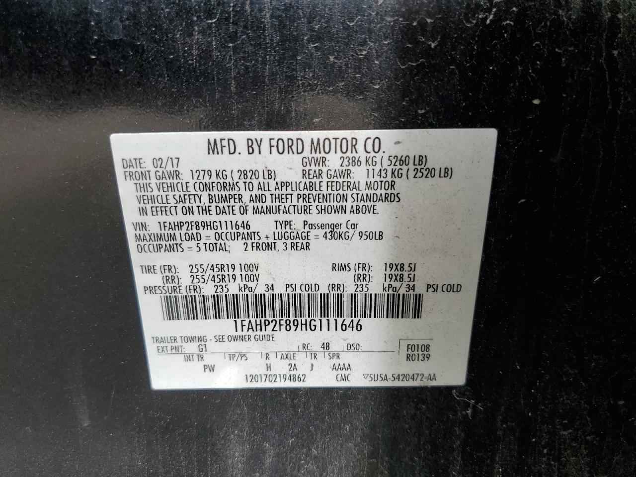 2017 Ford Taurus Limited VIN: 1FAHP2F89HG111646 Lot: 60731924