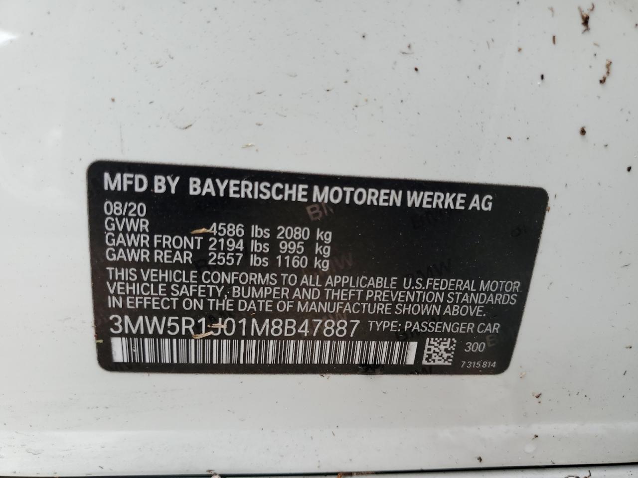 2021 BMW 330I VIN: 3MW5R1J01M8B47887 Lot: 64948374