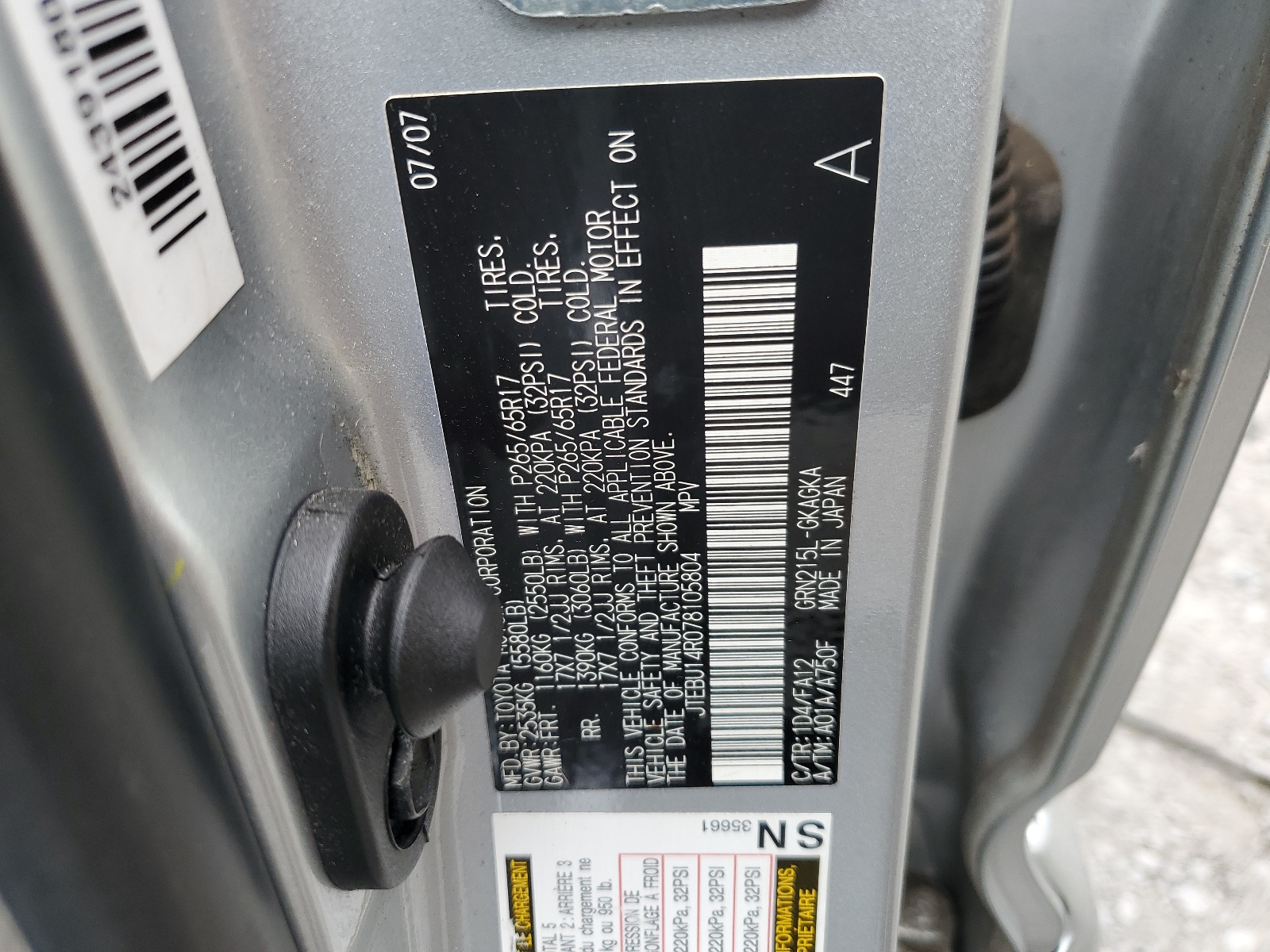 JTEBU14R078105804 2007 Toyota 4Runner Sr5