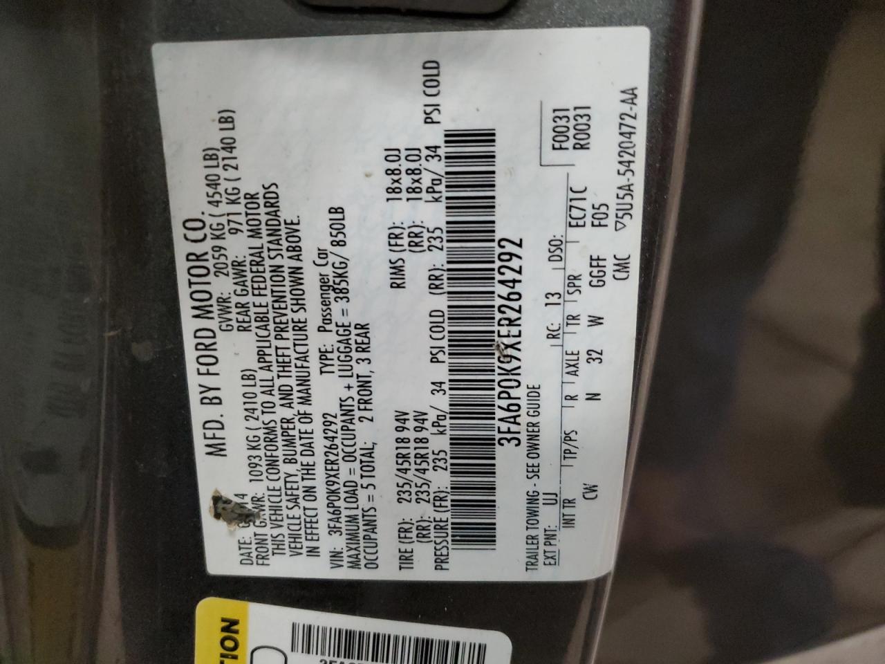 2014 Ford Fusion Titanium VIN: 3FA6P0K9XER264292 Lot: 61990334